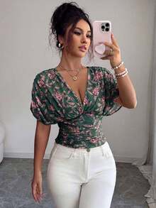 Blusa sexy con mangas de murciélago plisadas y ajustadas - Verde Oscuro - Ver 6
