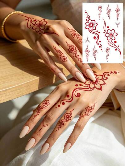 STARTTOOS Red Minimalist Y2K Floral Pattern Temporary Tattoo, DIY For Anime Convention, Carnival, Music Festival, Valentine's Day, Party Holiday Gift, Suitable For Fingers, Ears, Shoulders, Neck, Collarbone, Waterproof & Realistic