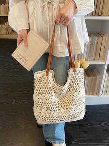 Dedoo Women's Handmade Woven Grandma Plaid Patchwork Large Capacity Tote Bag - Beige - View 6