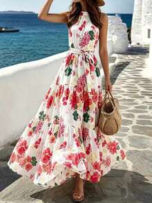 xheBreezaya Vestido largo con estampado de lunares, volantes en el bajo y cinturón para mujerxhe - Rojo y blanco - Ver 6