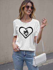 Bonita camiseta con estampado de gato y corazón para mujer, tela de mezcla de algodón suave, camiseta casual de verano holgada para uso diario y más - Rojo - - Ver 9
