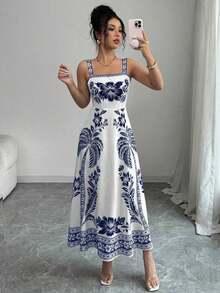 Vestido de tirantes finos con estampado localizado y silueta de línea A para mujer, ideal para el verano - Azul marino - Ver 5