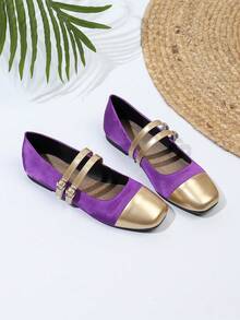 Square Toe Mary Jane Shoes, Gold Patchwork, Double Strap, School Uniform Shoes, Versatile All Season Plus Size Loafers - Purple - View 4