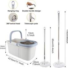 Spin Mop And Bucket Set White Blue Floor Cleaning System With Stainless Steel Basket And Mop Disc 53" Extendable Long Pole 2 Microfiber Heads Included For Hardwood Tile Home - A - 查看 7