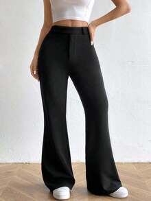 Pantalones acampanados de cintura alta de unicolor, casuales y versátiles para mujer - Negro - Ver 6