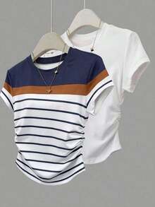 Conjunto de 2 piezas de camiseta ajustada con cintura fruncida, moda para mujer - Multicolor 6 - Ver 1