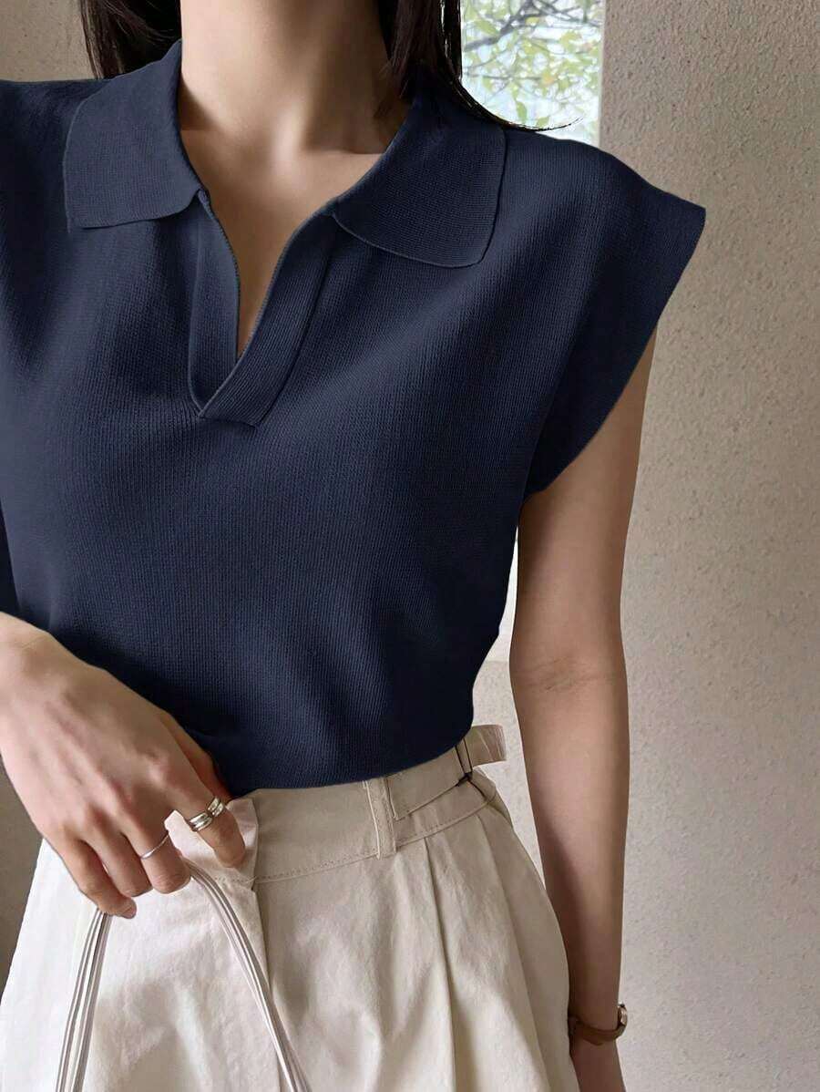 Suéter holgado de punto de unicolor con cuello, estilo casual y de negociospara mujer - Azul marino - Ver 1