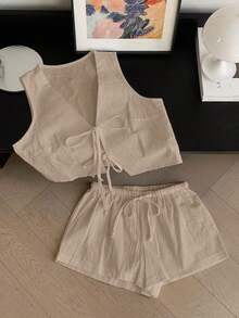 Conjunto casual de 2 piezas de top corto sin mangas con cordones delanteros y shorts para mujer en beige - Albaricoque 3 - Ver 5