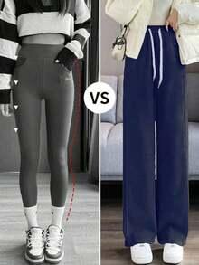 YI XUAN Pantalones anchos con forro térmico para mujer, pantalones rectos casuales térmicos de plátano cálidos para invierno - Azul marino - Ver 5