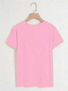 Camiseta de mujer casual de unicolor con cuello redondo y manga corta - Rosa Pálido - Ver 2
