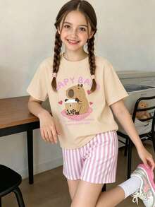 2pcs/Set Girls Round Neck Short Sleeve T-Shirt With Cute Capybara Print And Simple Striped Shorts, New Summer Vacation Style - Apricot - View 1