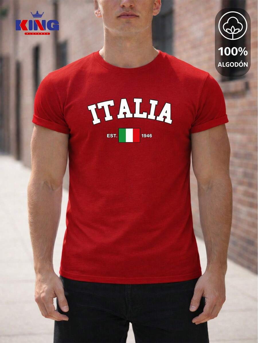 King T-shirt Playera 100% algodón de excelente calidad, esta playera garantiza una suavidad excepcional al tacto, cuello redondo con estampado "Italia Est. 1946 Flag" y manga corta - Rojo-Est-Blanco - Ver 1