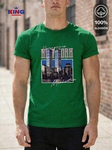 King T-shirt Playera 100% algodón de excelente calidad, esta playera garantiza una suavidad excepcional al tacto, cuello redondo con estampado "New York Manhattan Vintage Skyline" y manga corta - Agua verde azul - Ver 1
