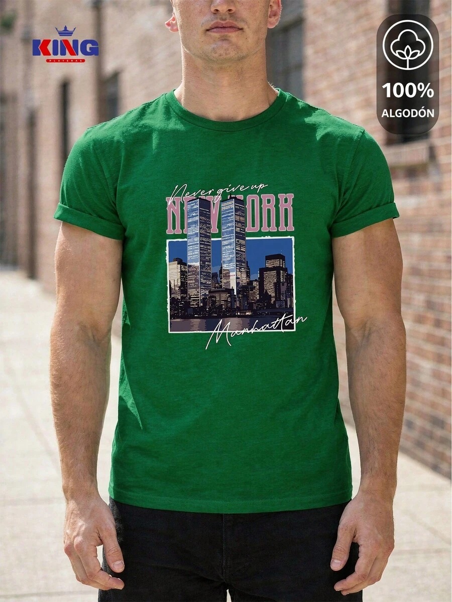 King T-shirt Playera 100% algodón de excelente calidad, esta playera garantiza una suavidad excepcional al tacto, cuello redondo con estampado "New York Manhattan Vintage Skyline" y manga corta - Agua verde azul - Ver 1