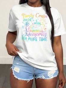 Camiseta de Cuello Redondo para Mujer con Estampado de Crucero Familiar para Vacaciones de Verano 2026, Camiseta de Moda para Mujer, Top Cómodo de Cuello Redondo, Camisetas Suaves y Adorables, Camiseta de Algodón - Negro - Ver 8