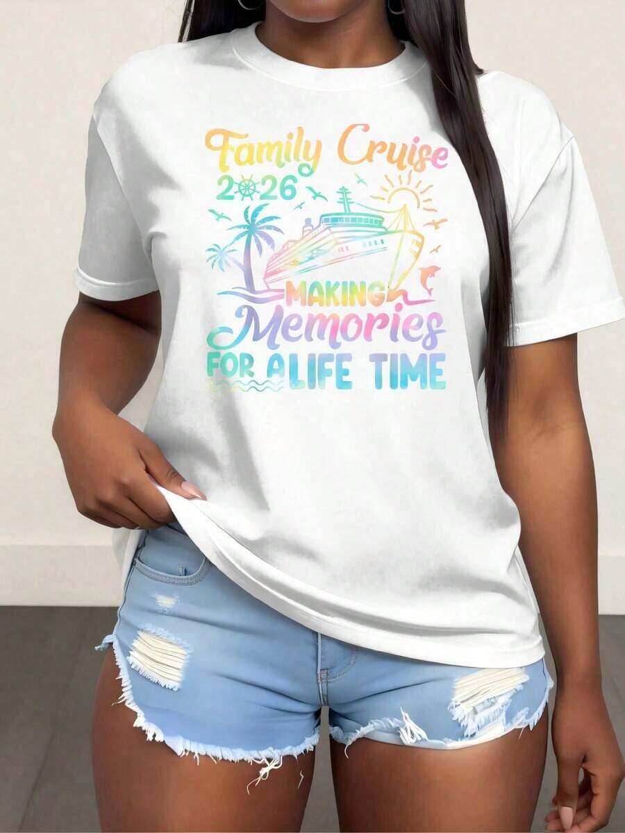 Women's Crew Neck T-Shirt With Family Cruise Print For Summer Vacation 2026, Fashionable Women's T-Shirt, Comfortable Crew Neck Top, Soft And Adorable T-Shirts, Cotton T-Shirt - 白色 - 查看 1