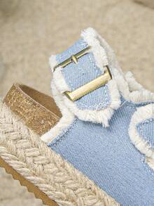 1 Pair Girls' Summer Sandals, Fashionable Solid Color Minimalist Buckle Casual Vacation Party Beach Non-Slip Comfortable Thick Sole Rope Toe Sandals - Blue - View 9