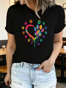 Respirable Camiseta de verano de manga corta estampada para mujer, moderna y casual, lavable a máquina, ajuste cómodo, estampado plano 2D, blusas elegantes para mujer, ropa deportiva para mujer,  mujer. - Negro 3 - Ver 1