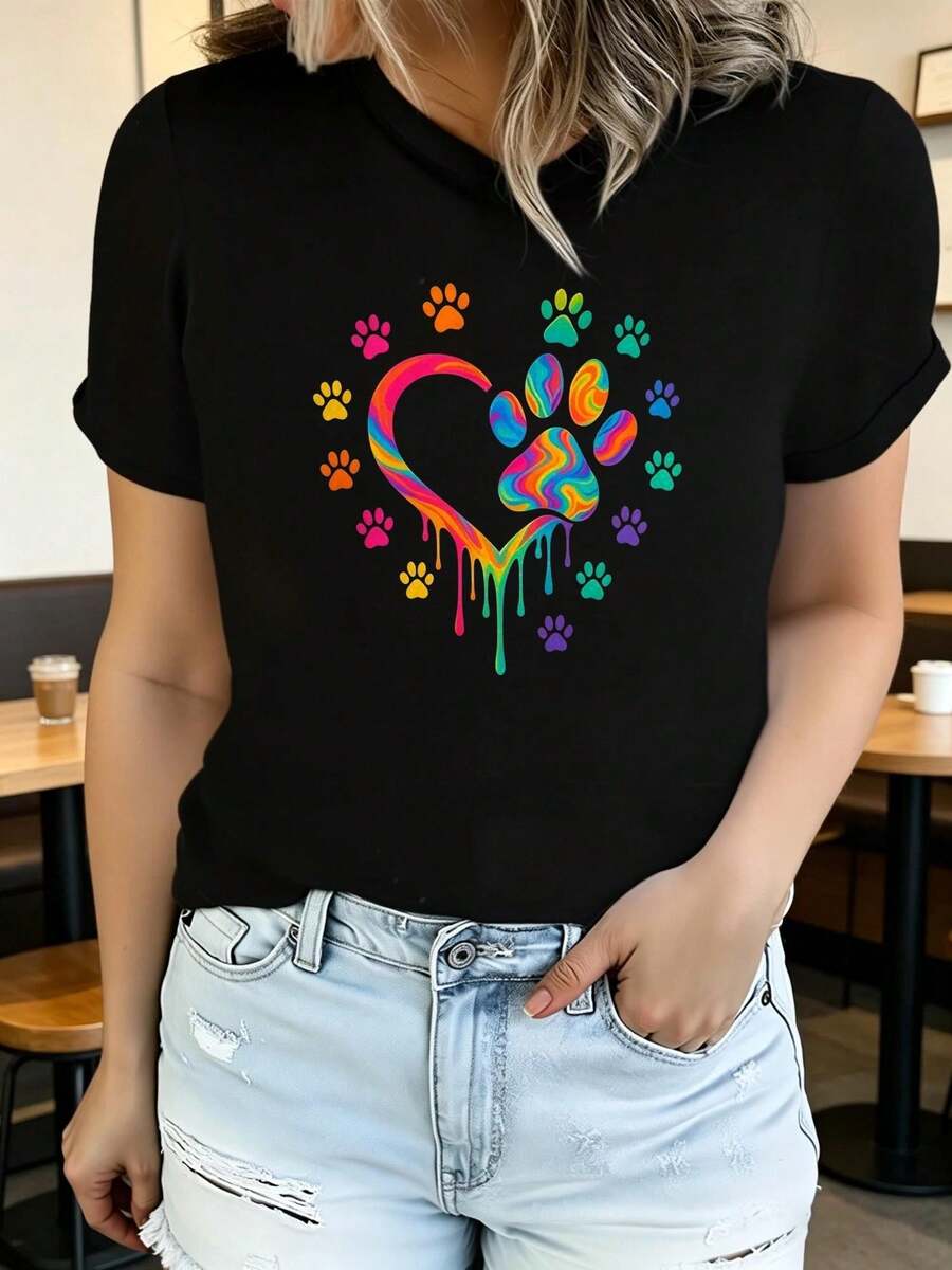 Respirable Camiseta de verano de manga corta estampada para mujer, moderna y casual, lavable a máquina, ajuste cómodo, estampado plano 2D, blusas elegantes para mujer, ropa deportiva para mujer, mujer. - Negro 3 - Ver 1