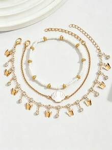 1 Set Gelang Kaki Multilayer Gaya Boho, Dekorasi Rumbai Laut Vintage, Aksesori Liburan Pantai Minimalis Mewah Ringan - MultiWarna - View 2