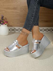 Sandal Selop Wanita Modis, Sandal Bersol Tebal dengan Hak Wedges dan Ujung Terbuka - Perak - View 6