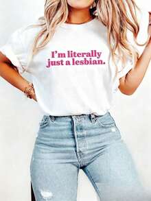 Comfortable Retro Lesbian Pride T-Shirt, 'I'm Literally Just A Lesbian' T-Shirt, Gift For Lesbian Rights, Social Justice T-Shirt, LGBTQ Support T-Shirt, Thick Cotton Short Sleeve Graphic Print T-Shirt, Casual For Women - 白色 - 查看 7