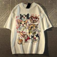 Y2K - Camiseta con estampado de gato de dibujos animados retro para mujer, diseño de kawaii, holgada, linda, camisetas casuales - blanco3 - Ver 10