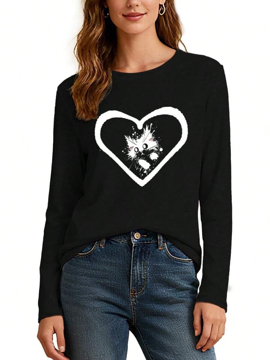 Cute Women's Cat And Heart Print T-Shirt, Soft Cotton Blend Fabric, Loose-Fitting Casual Summer T-Shirt For Everyday Wear And More - 黑色 - 查看 1