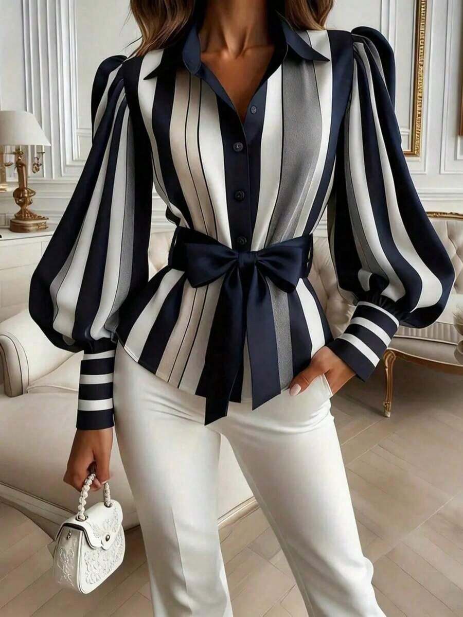 Camisa casual de primavera para mujer con botones delanteros, lazo en la cintura y rayas de contraste en negro - Multicolor - Ver 1