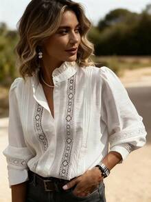 Ropa de mujer para otoño. Blusa de manga larga de unicolor con cuello vuelto, con parches de encaje, de estilo casual y elegante. La camisa de mujer talla grande popular y hermosa para salir, adecuada para primavera/otoño, hogar, vida diaria, trabajo y citas. Verano - Blanco - Ver 12