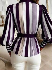 Camisa casual de primavera para mujer con botones delanteros, lazo en la cintura y rayas de contraste en negro - Púrpura malva - Ver 2