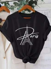 1 pieza Camiseta Casual de Manga Corta con Diseño de Caligrafía de la Torre Eiffel de París, Estampada, para Mujer, 180g, 100% Algodón - 1-1 - Ver 1