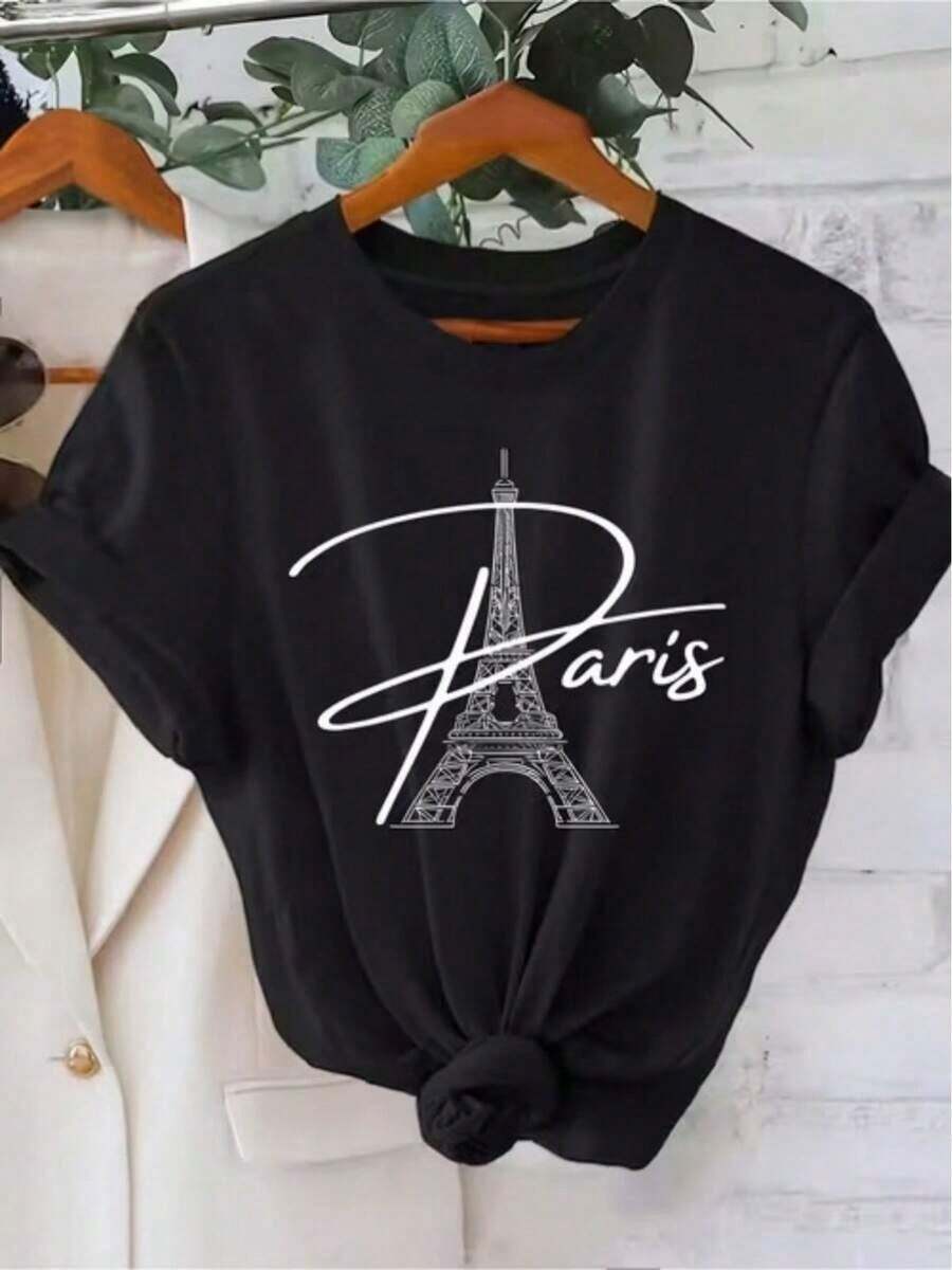 1 pieza Camiseta Casual de Manga Corta con Diseño de Caligrafía de la Torre Eiffel de París, Estampada, para Mujer, 180g, 100% Algodón - 1-1 - Ver 1
