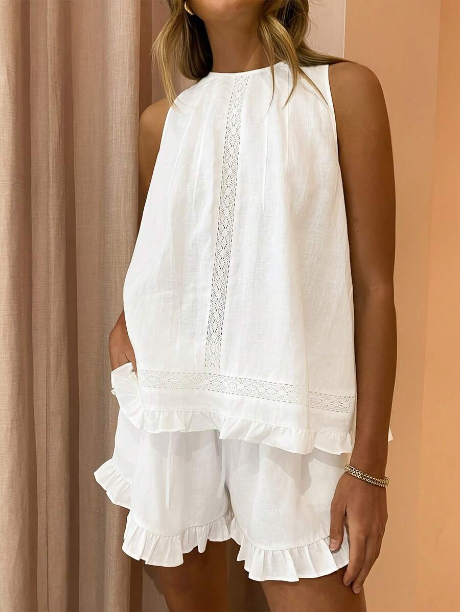 Conjunto de top sin mangas con encaje sólido y pantalones cortos con volantes, cintura elástica ajustable y cordón - Blanco - Ver 1