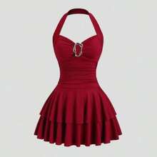MewMuse.  Vestido mini sexy de mujer con cuello halter, hebilla metálica y volantes en el bajo - Rojo - Ver 1