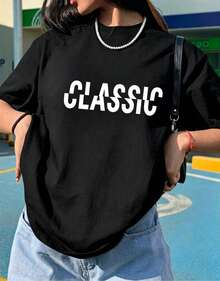 Camiseta Clásica con Estampado de Letras, Estética Minimalista, Manga Corta Casual Retro, Top Básico de Ropa Urbana para Uso Diario, Blanco de Verano VZPB - Negro - Ver 3