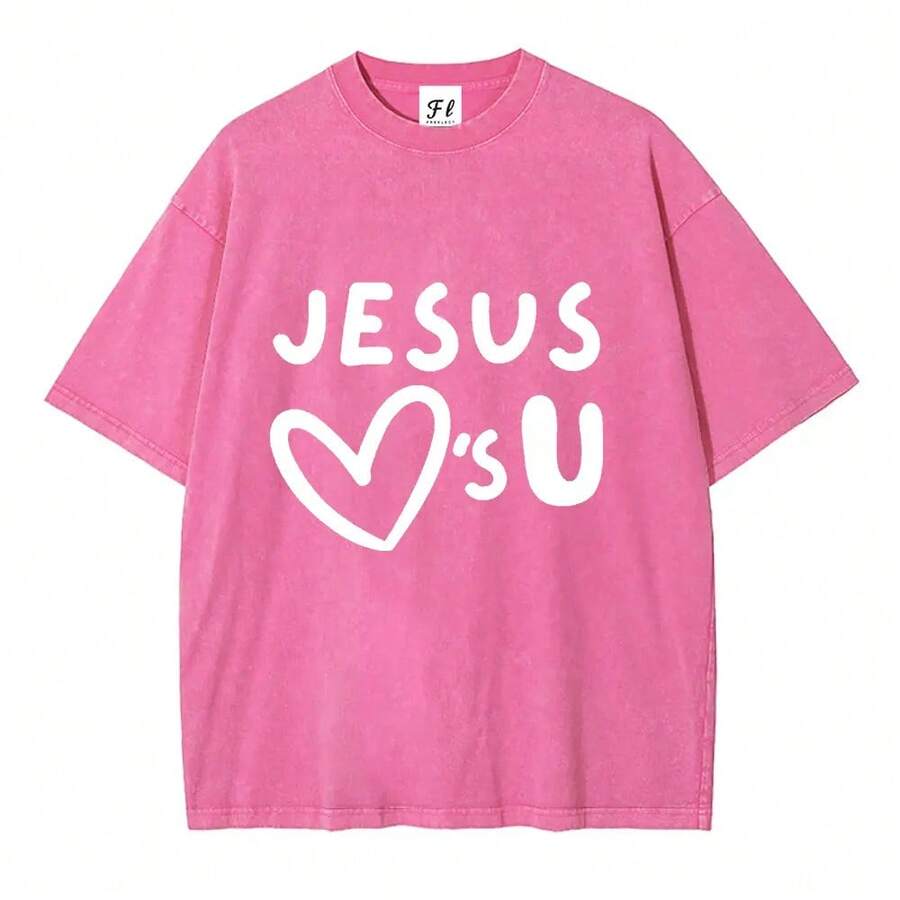 Camiseta Unisex con Estampado 'Jesus Love You', Talla Grande, Algodón, Regalo Cristiano, Fe - Rosa - Ver 1