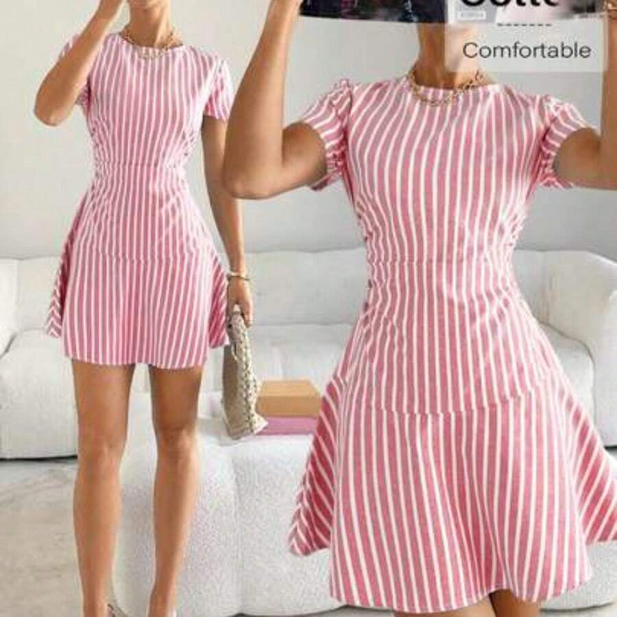 YijiaNvz Vestido de fiesta elegante de mujer con cuello redondo a rayas y cintura ceñida - Rosa - Ver 1