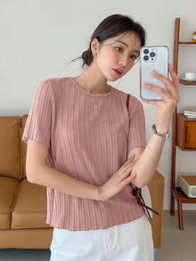 Camiseta Sólida Texturizada Con Ribete De Lechuga - Rosa vieja - Ver 4