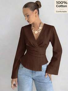 Camisa ajustada de mujer de manga larga con cuello en V a rayas - Café integral 2 - Ver 8