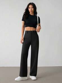 Pantalones rectos casuales de mujer de unicolor con cinturón - Negro - Ver 5