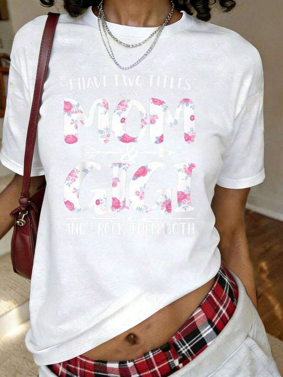 I Have Two Titles, Mom And Grandma, Funny Floral Print T-Shirt For Mother's Day, Short Sleeve Crew Neck T-Shirt, Casual Top For Summer And Spring, Plus Size Clothing For Women - 白色 - 查看 1