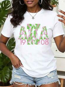 Camiseta de Mujer Aka 1908 con Estampado de Camuflaje, Cuello Redondo, Ropa Casual, Regalo para Miembro de la Sororidad Aka, 220g, Transpirable y Cómoda - Blanco - Ver 6