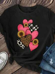 Women's Thick Cotton T-Shirt With Colorful Heart Print - Casual Short Sleeve Crew Neck T-Shirt With Heart, Plaid, Polka Dot, Checkered And Animal Prints (Cow, Leopard, Sunflower) For Spring, Summer And Autumn, Ideal For Valentine's Day, Washable And Comfortable T-Shirt. Soft Classic Fit T-Shirt For Everyday Wear, Breathable And Comfortable. - 黑色 - 查看 12