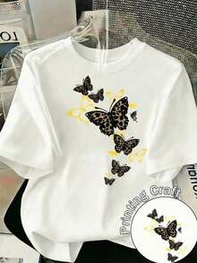 Camiseta de poliéster de manga corta con cuello redondo y estampado de mariposas para mujer, perfecta para el uso diario en otoño. - Blanco - Ver 11