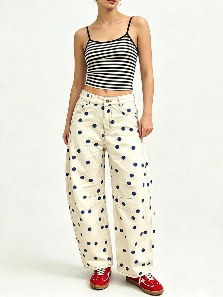 Women's Fashion Polka Dot Wide Leg Jeans, Loose Barrel Pants At The Mid-Waist, Aesthetic And Casual Y2k Jeans, Suitable For Everyday Street Wear - 藍色 - 查看 1