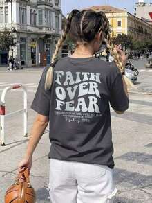 1 pieza de ropa de mujer; Camisetas de Verano 2026: Camisetas de Verano para Mujer con Estampado de Letras "La Fe Supera el Miedo", Cuello Redondo Casual, Manga Corta, Estilo Resort a la Moda, Prenda Esencial para el Uso Diario. Camiseta Gráfica para Mujer, Top Blanco para Mujer, Tops Holgados y Cómodos, Conjuntos de Verano, 100% Algodón Puro JDJL180g Algodón 100% - Blanco 5 - Ver 11