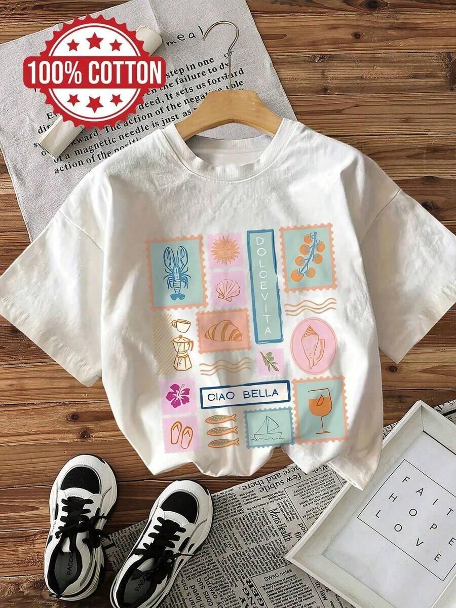 1 Piece Summer Casual Women's Top, Vintage Style, Lobster And Shell Print, VITA CIAO BELLA, Round Neck, Pure Cotton Short-Sleeve T-Shirt 2026 - 白色 - 查看 1