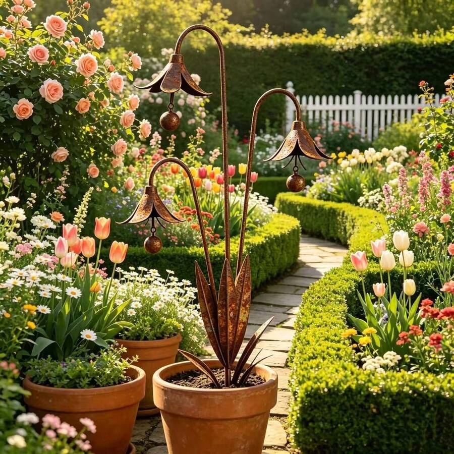 Vintage Iron Bluebell Flower Pot Stake, Rustic Decor For Garden, Versatile For Various Garden Scenes, Unique And Durable Design For Yard Landscaping And Scene Decoration - Bluebell - View 1