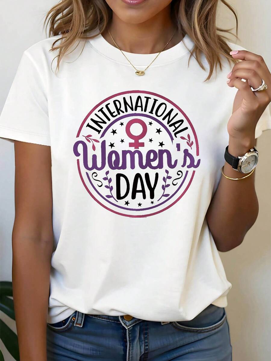 Camisetas manga corta mujer algodón cuello redondo casual verano DÍA INTERNACIONAL DE LA MUJER Camiseta con temática del Día de la Mujer, con decoraciones de estrellas y símbolos femeninos, estilo festivo suave, informal, de manga corta, morado y rosa, para eventos del Día de la Mujer. - Blanco - Ver 1